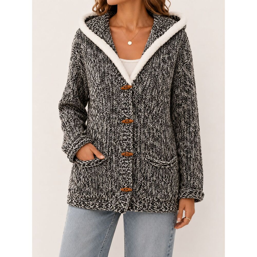 Fio USA Hooded Chunky Marled Toggle Cardigan Faux Fur Trim Wool Blend M